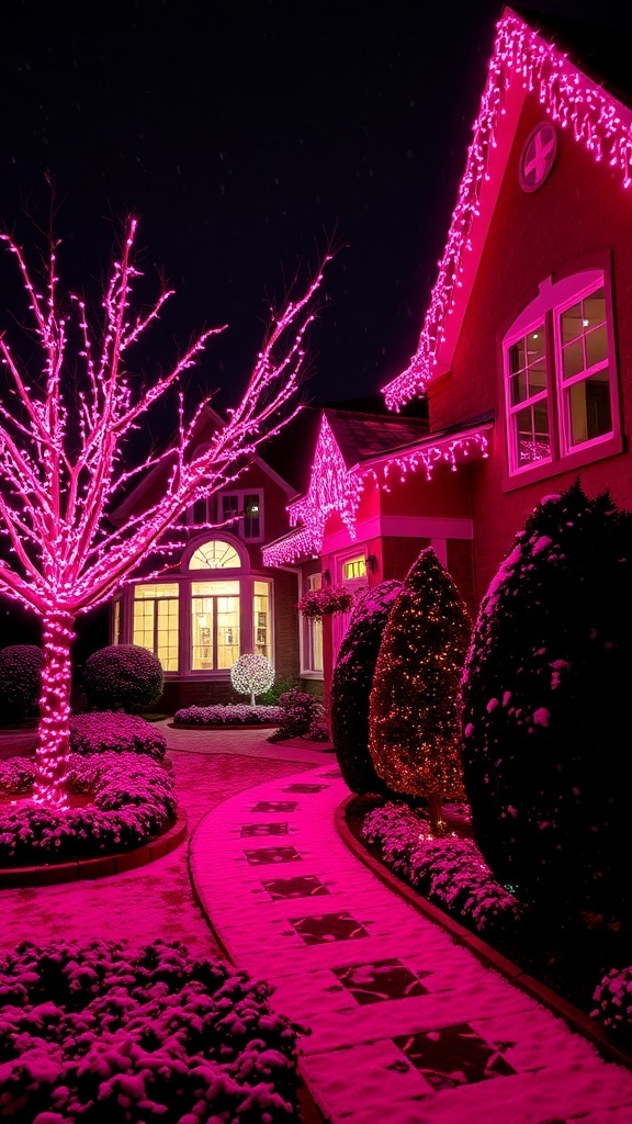 Outdoor Christmas decorations with pink lights illuminating a house and trees in a snowy setting.